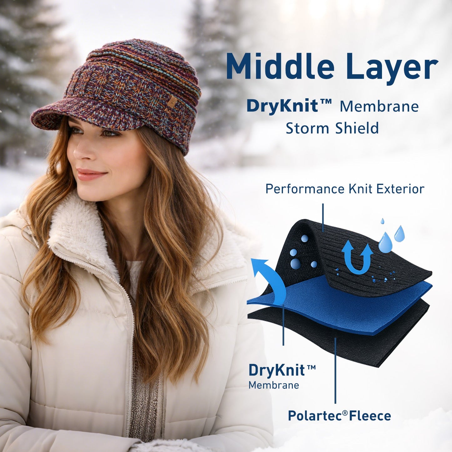 DryKnit™ Waterproof Visor Beanie for Women Fleece Lined Knit Winter Hat Warm & Stylish