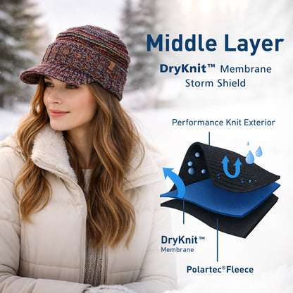 DryKnit™ Waterproof Visor Beanie for Women Fleece Lined Knit Winter Hat Warm & Stylish