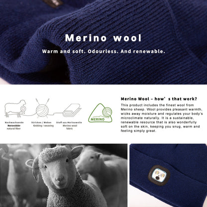 TOP-EX L/XL/XXL Waterproof 50% Merino Wool LED Rechargeable Beanies TOP-EX
