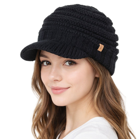 DryKnit™ Waterproof Visor Beanie for Women Fleece Lined Knit Winter Hat Warm & Stylish