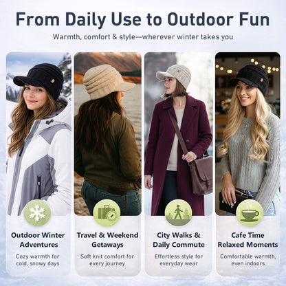 DryKnit™ Waterproof Visor Beanie for Women Fleece Lined Knit Winter Hat Warm & Stylish