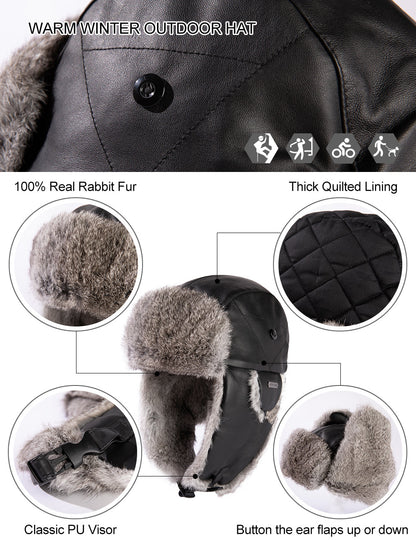 Real Rabbit Fur Leather Trapper Hat with Sheepskin & Earflaps