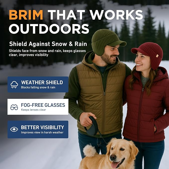 DryKnit™ Waterproof Merino Wool Beanie with Ear Flaps – Fleece Lined Winter Hat with Brim