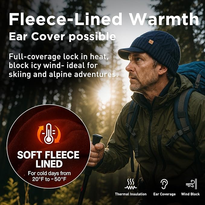 DryKnit™ Waterproof Merino Wool Beanie with Brim – Fleece Lined Winter Hat