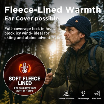 DryKnit™ Waterproof Merino Wool Beanie with Brim – Fleece Lined Winter Hat