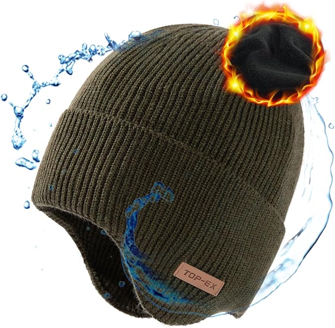 DryKnit™ Waterproof Merino Wool Beanie with Ear Flaps – Fleece Lined Winter Hat for Large Heads